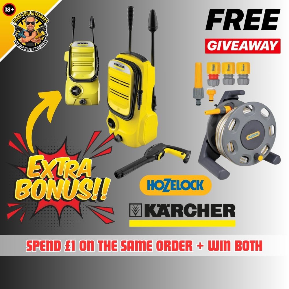 FREE - Hozelock Hose Reel & Hose - Spend £1 & Get Karcher K2 Pressure Washer  Also - Power Tool Competitions - Win Vans & Power Tools